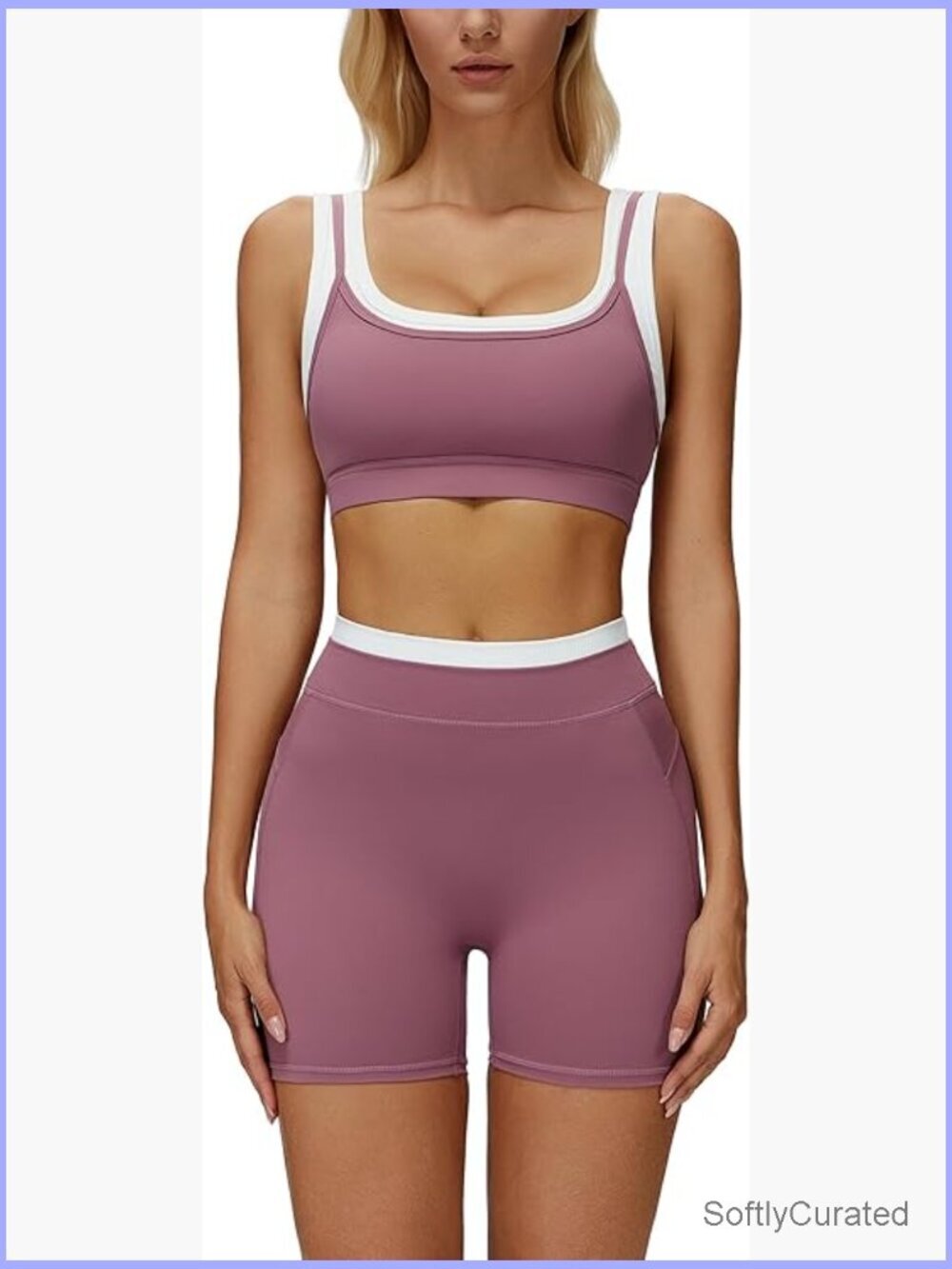 Women's Layered Sports Bra & High Waist Biker Shorts Set 2 Piece Workout Outfit